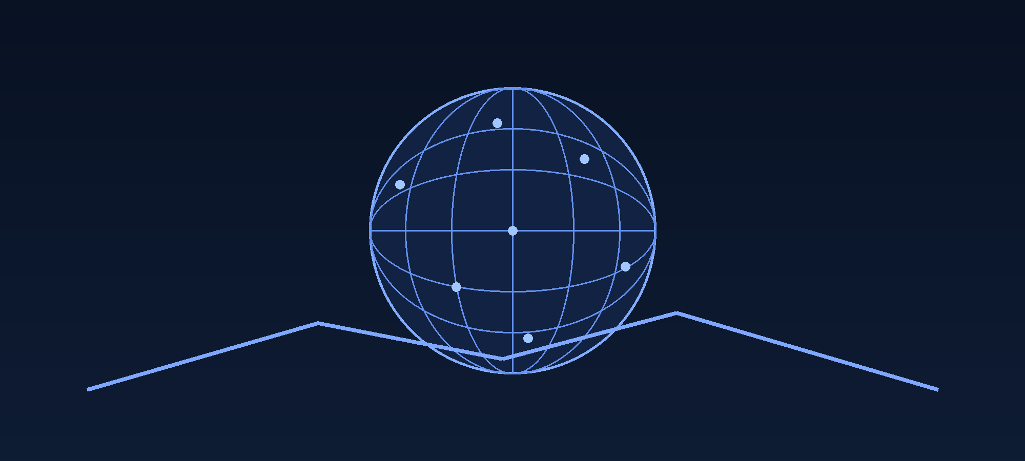 Globe jaringan data dengan node bercahaya biru di atas latar gelap